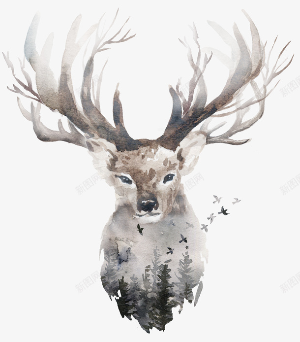 麋鹿正面动物手绘png免抠素材_88icon https://88icon.com 个性 创意 小清新 手绘 水彩动物 灰色 装饰 鹿角 麋鹿