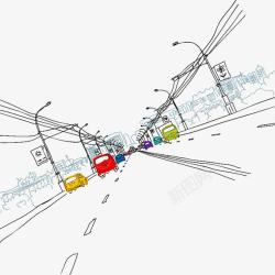 马路车辆手绘车辆与街道高清图片