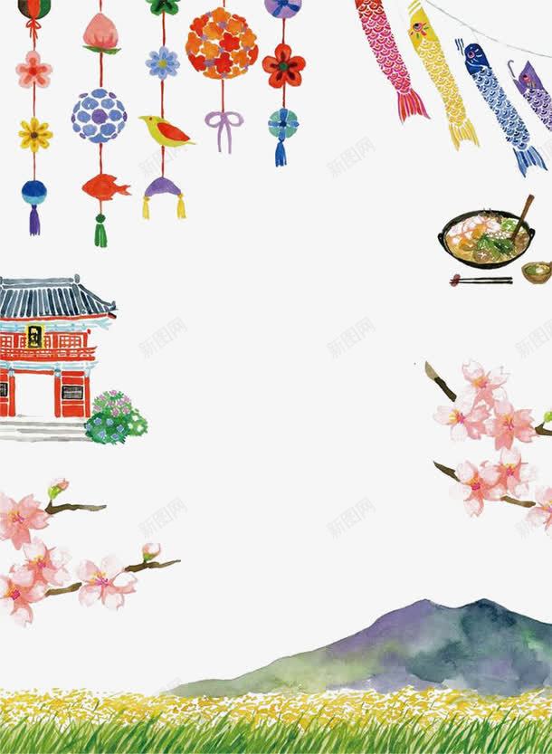 日本背景装饰元素png免抠素材_88icon https://88icon.com 房子 日本背景元素 樱花 水彩画 风铃