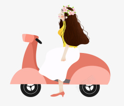 粉色电车长发女孩骑车踏青插画高清图片