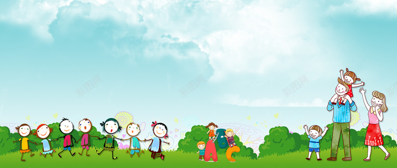 61儿童节卡通亲子游野外蓝色背景背景