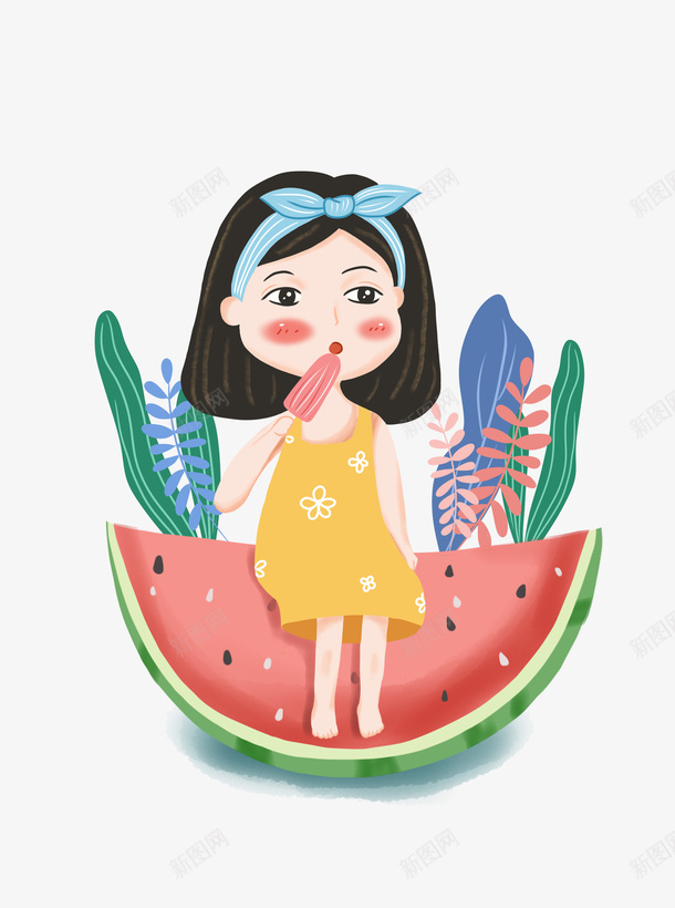夏日西瓜上吃冰棍的小女孩png免抠素材_88icon https://88icon.com 吃冰棍 夏日 手绘小女孩 西瓜