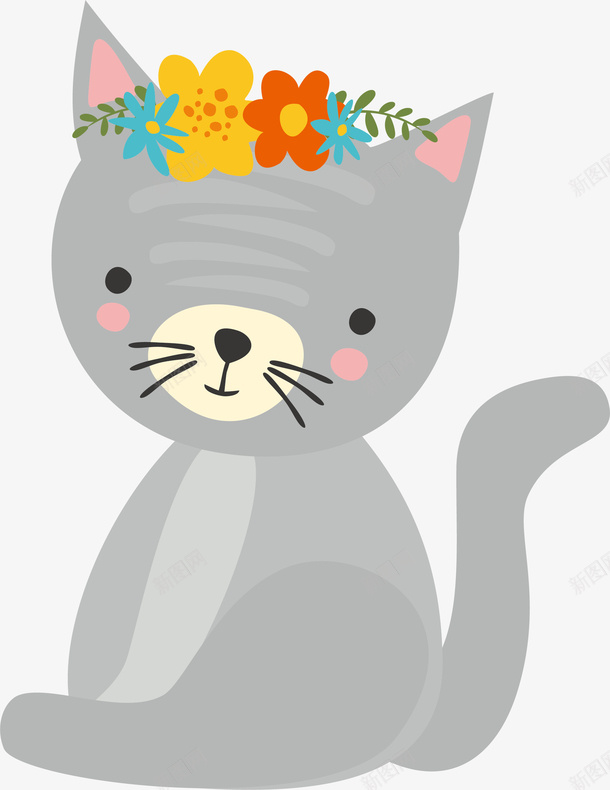 头戴花环的灰色猫咪png免抠素材_88icon https://88icon.com 可爱猫咪 头带花环 春天 灰猫 灰色猫咪 矢量png