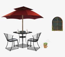 质感木椅子红色太阳伞休闲椅花盆窗口高清图片