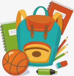 彩色书包铅笔篮球手绘卡通返校日矢量图素材