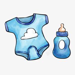 蓝色连体衣服奶瓶手绘水彩婴儿用素材