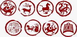 一排马奔跑中国古代圆形印章高清图片