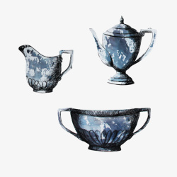 古董碗蓝色油墨画茶杯茶壶高清图片