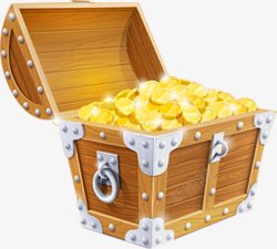 立体木箱子手绘立体金币百宝箱高清图片