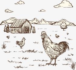 手绘农家养鸡场素材