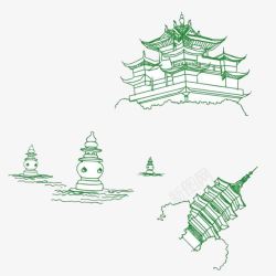 清新建筑绿色清新创意手绘建筑杭州地标免高清图片