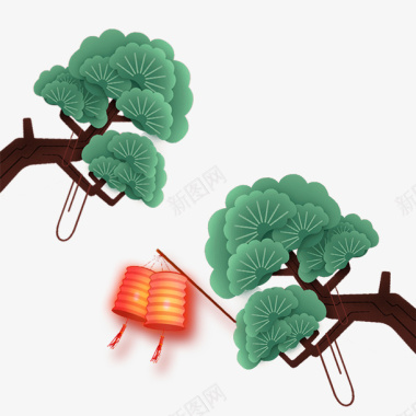 盆栽松树红色节日灯笼图标图标