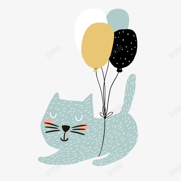 蓝色猫咪手绘png免抠素材_88icon https://88icon.com 个性 卡通 可爱 手绘 气球 猫咪 球状 蓝色猫咪