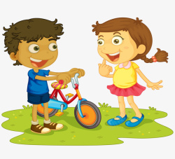 卡通小孩玩耍骑自行车素材