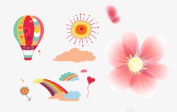 卡通热气球太阳彩虹云朵花朵素材