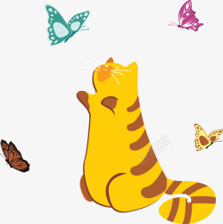 肥猫抓蝴蝶的黄色猫咪矢量图高清图片