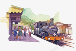 月台水彩手绘插图火车站站台高清图片