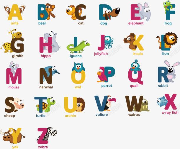 卡通小动物和字母组合png免抠素材_88icon https://88icon.com 创意设计 小动物 幼儿认知 艺术字 英文首字母
