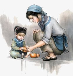 传统文化呵护母女手绘素材