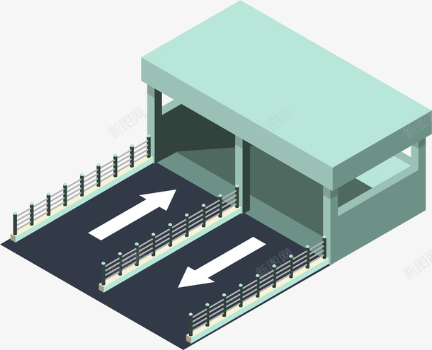 手绘立体房子停车场png免抠素材_88icon https://88icon.com 停车场 入口箭头 出口箭头 房子 护栏 青色