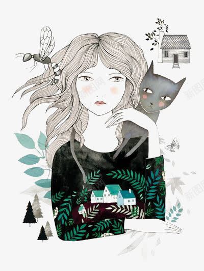 文艺女孩png免抠素材_88icon https://88icon.com 女孩 房子 文艺插画 植物 猫咪 线条 飞虫