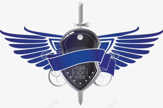 蓝色花纹水墨蓝色盾牌剑徽章图标图标