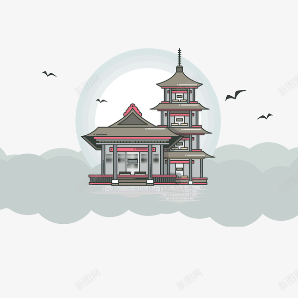 手绘线条古寺矢量图ai免抠素材_88icon https://88icon.com 创意 卡通插画 扁平化 日本传统文化 时尚 艺术 飞燕 矢量图