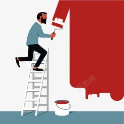 油漆矢量免费下载扁平插图爬梯子刷墙的装修工人刷高清图片