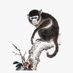 中国风水墨猴子站在树干上插画免素材