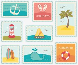 椰子树冲浪板海洋元素邮票高清图片