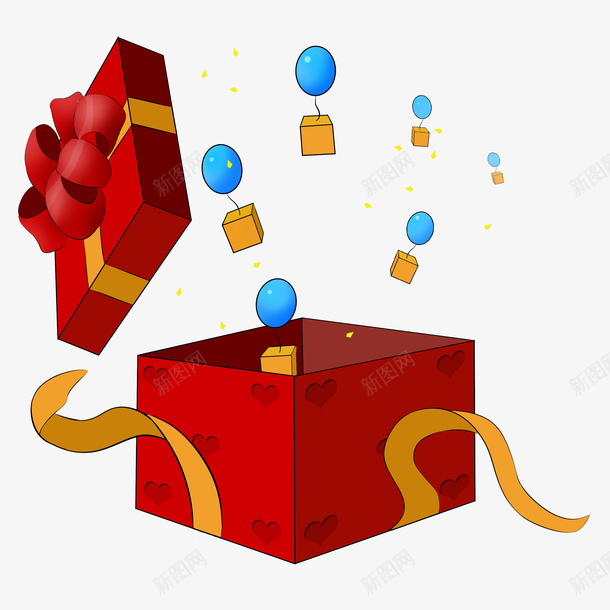 双十一双十二装满气球的礼品盒子psd免抠素材_88icon https://88icon.com 有创意 气球 礼品 礼品盒 红色礼盒 蓝色气球 装满气球的 黄色丝带