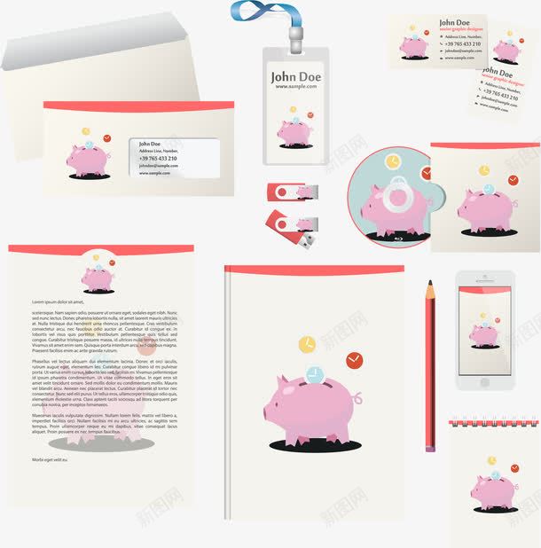 粉色小猪办公套装png免抠素材_88icon https://88icon.com 信封 名片 名签 移动app 笔记本