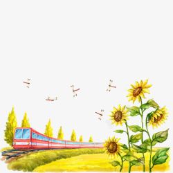 可爱向日葵免抠手绘火车秋天树木和草地高清图片
