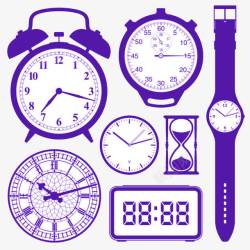 手绘计时器卡通紫色各式闹钟手表图高清图片