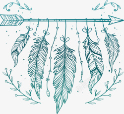 波西米亚风装饰绿色手绘美丽羽毛矢量图高清图片
