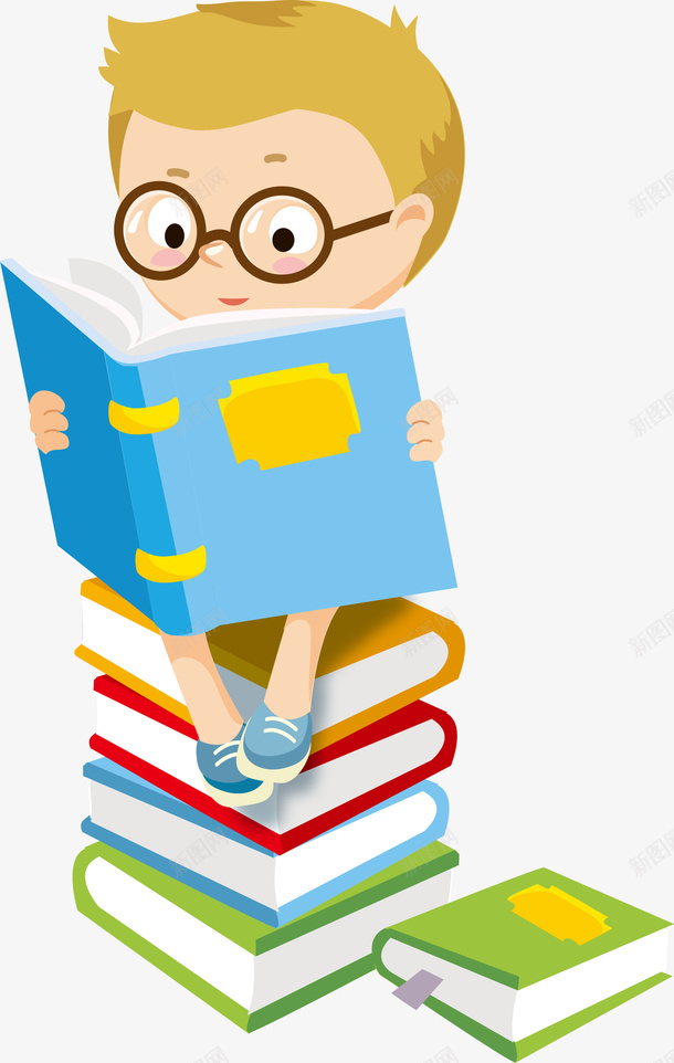 坐在书本上看书png免抠素材_88icon https://88icon.com 书本 书籍 坐着 坐着读书 学习 学生 男孩 看书 眼镜