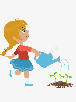 卡通手绘小女孩浇树施肥素材