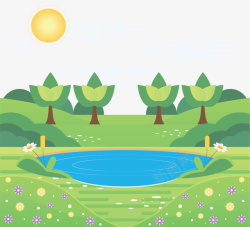 美丽春天郊外的池塘矢量图素材
