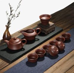 茶座紫砂茶壶和茶杯高清图片