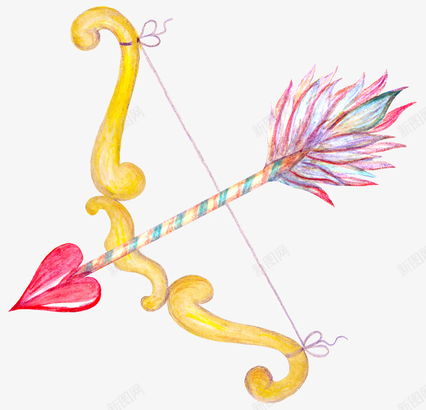 水彩黄色爱心弓箭png免抠素材_88icon https://88icon.com 卡通弓 卡通手绘 射箭 弓箭 水彩 爱心 箭头 红色 黄色