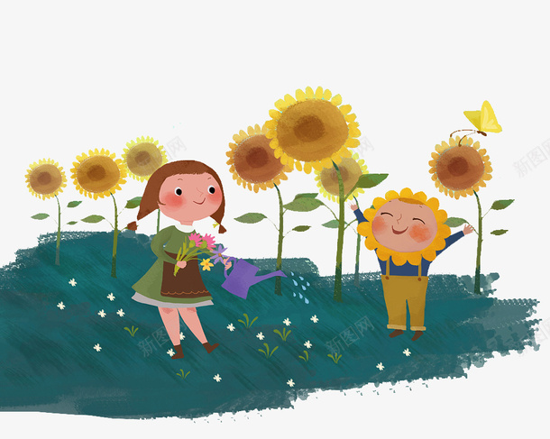 草地上浇花的小朋友png免抠素材_88icon https://88icon.com 卡通 可爱插画 向日葵 小朋友 浇花 草地上 草地上的人