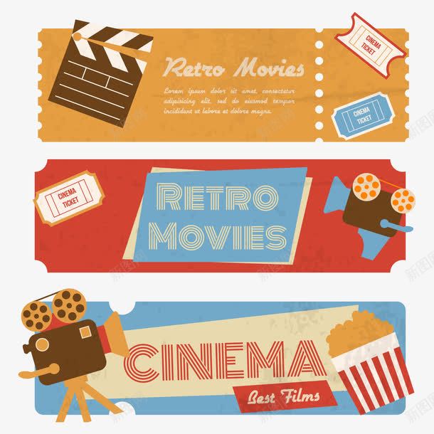 三个怀旧电影横幅矢量图eps免抠素材_88icon https://88icon.com 怀旧电影 放映机 爆米花 电影拍板 电影票 矢量横幅 矢量图