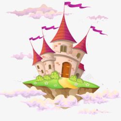 卡通悬浮岛上飘着彩旗的城堡素材