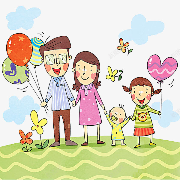 草地上欢呼牵手的一家人png免抠素材_88icon https://88icon.com 卡通手绘人物 卡通绿色的草地 彩色的气球 父母和孩子 爸爸妈妈和我 花朵