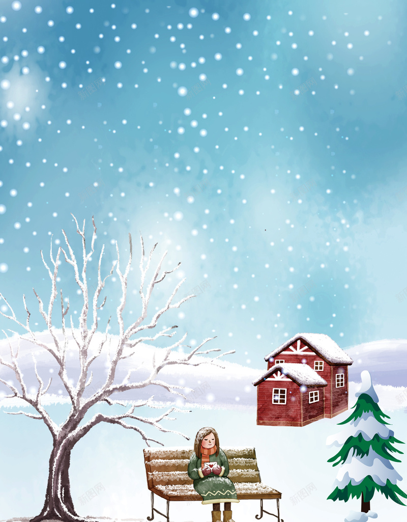 冬季插画海报背景jpg设计背景_88icon https://88icon.com 下雪了 农历节日 冬天到了 冬季海报 冬至 大雪 小女孩 房子 树 立冬 雪
