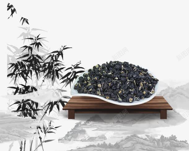 水墨风养生珍品黑枸杞平面装饰png免抠素材_88icon https://88icon.com 中国风 养生珍品 山水画 枸杞包装 枸杞宣传装饰 水墨竹子 黑枸杞