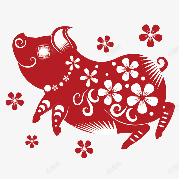 眼睛发光的剪纸猪矢量图ai免抠素材_88icon https://88icon.com 传统 剪纸 剪纸猪 新年 精致 红色 美丽 花朵 花纹 装饰 矢量图