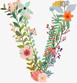 手绘植物花卉创意英文字母V素材