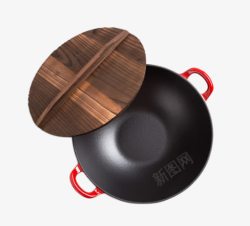 木盖旁的铸铁珐琅炒锅素材