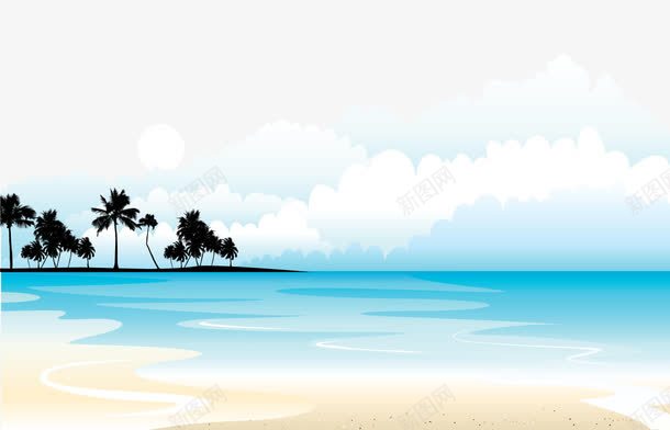 卡通手绘蓝色海水远处椰树png免抠素材_88icon https://88icon.com 卡通的大海 手绘的海水 蓝色的海水 远处的椰树